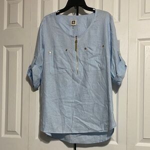Anne Klein blue linen blend tunic top shirt blouse size LARGE